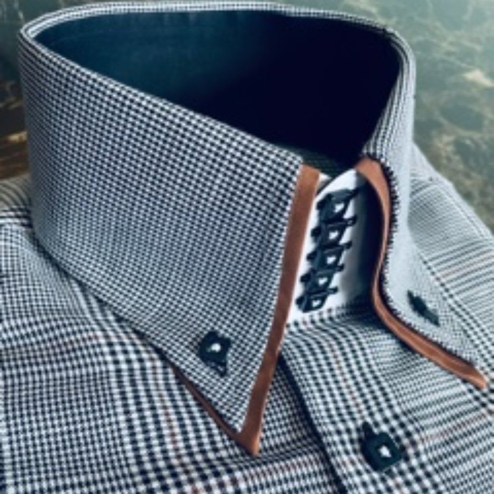 MorCouture Brown Black White Check Double High Collar Shirt - Picture 3 of 3